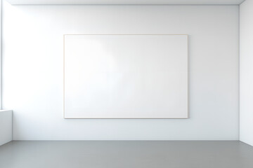 On the white wall, empty white room with blank canvas poster mockup.