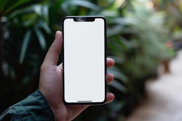 Mockup image of a hand holding black mobile phone with blank white screen on blurred background