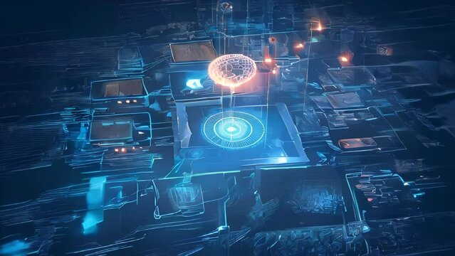Multiple levels of blue digital interfaces with a glowing sphere at the center, conceptualizing network control and monitoring.
