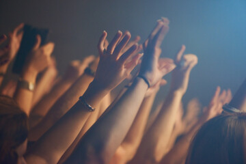 Hands, crowd and celebration or friends at music festival, collaboration and freedom at nightclub....