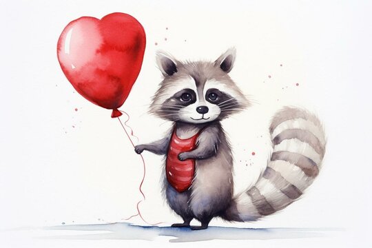 Adorable raccoon holding heart-shaped balloon in watercolor, holiday-themed cartoon artwork. Generative AI