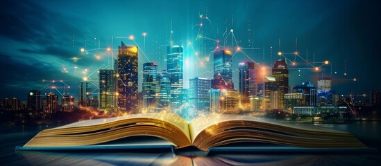 City skyline emerges in open book pages with wireless IoT automation system.