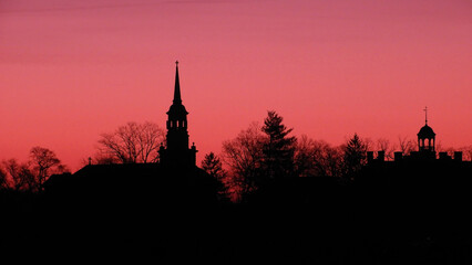seminary ridge museum ans church of abiding presence on seminary ridge in gettysburg, pennsylvania,  against a pretty pink winter sunrise