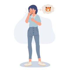 woman suffering from cat allergy. coughing and breath difficulty.