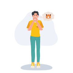 man suffering from cat allergy. coughing and breath difficulty.