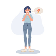  Allergy to Flowers Concept. Allergic Woman with Pollen Allergy.