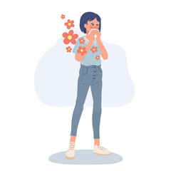  Allergy to Flowers Concept. Allergic Woman with Pollen Allergy.