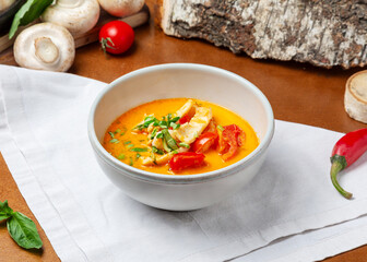 Tom yum soup with seafood in a plate on a wooden background