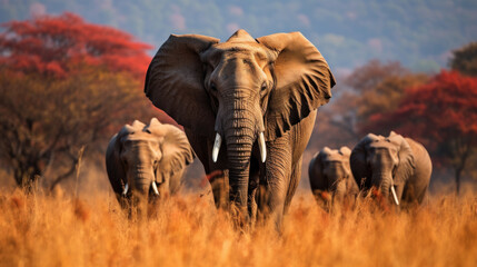 Group of Elephant on the meadow, peace atmosphere background