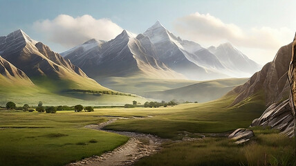 Mountain peak in the background with lush alpine meadow in foreground, Beautiful panorama of green hills and mountains at sunset. - obrazy, fototapety, plakaty