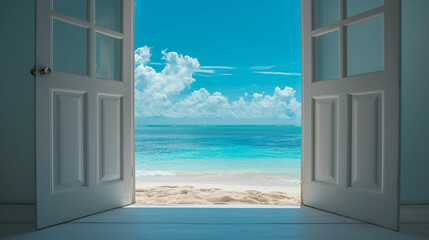 Beach background behind open door. holiday concept