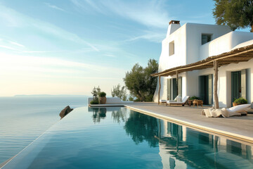 Embrace summer in a luxurious white house nestled on a hill, offering panoramic sea views and a poolside setting for a tranquil Mediterranean retreat.