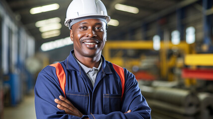 Fototapeta na wymiar Portrait of African American industrial worker man with helmet standing in industry factory. 