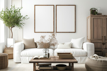 The serenity of a Japanese-inspired modern living room, featuring a white sofa, rustic cabinets, and a square coffee table, set against a backdrop of a white wall with blank poster frames.