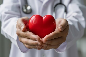 Cardiologist doctor holding a red heart in his hands , cardiac disease or heart failure concept