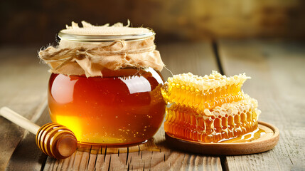 Jar of honey with honeycomb and honey dipper, isolated on wooden table. front view. copy space. mock up. front view. - obrazy, fototapety, plakaty