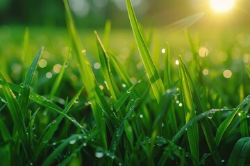 Juicy lush green grass on meadow with drops of water dw in morninge