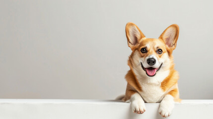 Cute Welsh corgi dog curious, and looking out, on blank background