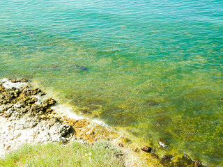 View from cliff on water of Black Sea.