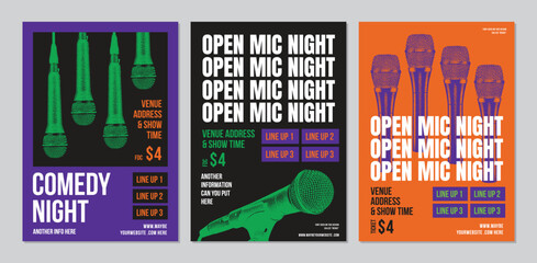 Open mic night poster, stand up comedy show poster or flyer or banner design, flyer template with microphone and bright elements, three set of posters composition on grey background. Vector