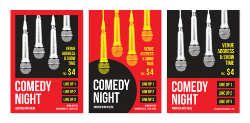 Open mic night poster, stand up comedy show poster or flyer or banner design, flyer template with microphone and bright elements, three set of posters composition on white background. Vector - obrazy, fototapety, plakaty