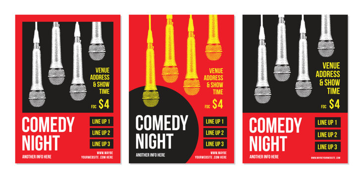 Open mic night poster, stand up comedy show poster or flyer or banner design, flyer template with microphone and bright elements, three set of posters composition on white background. Vector