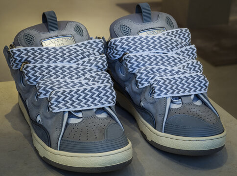 Grey women's suede and fabric sneakers with oversized laces by Lanvin.Milan - italy,24 january 2024