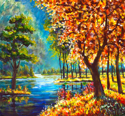 Original oil painting autumn gold trees and Green Pine Tree on shore against the backdrop of blue mountain river. Beautiful sunny mountain landscape. Modern impressionism painting art.
