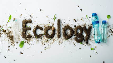 Ecology title text on the table made from brown fertile soil with plastic bottles and leaves around