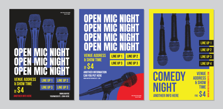 set of Open Mic Night posters, modern and elegant design, indie, live performance comedy show, stand up comedy poster
