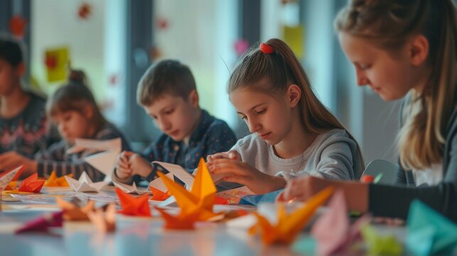 Origami Workshop, people of all ages engaging in an origami workshop, background image, generative AI