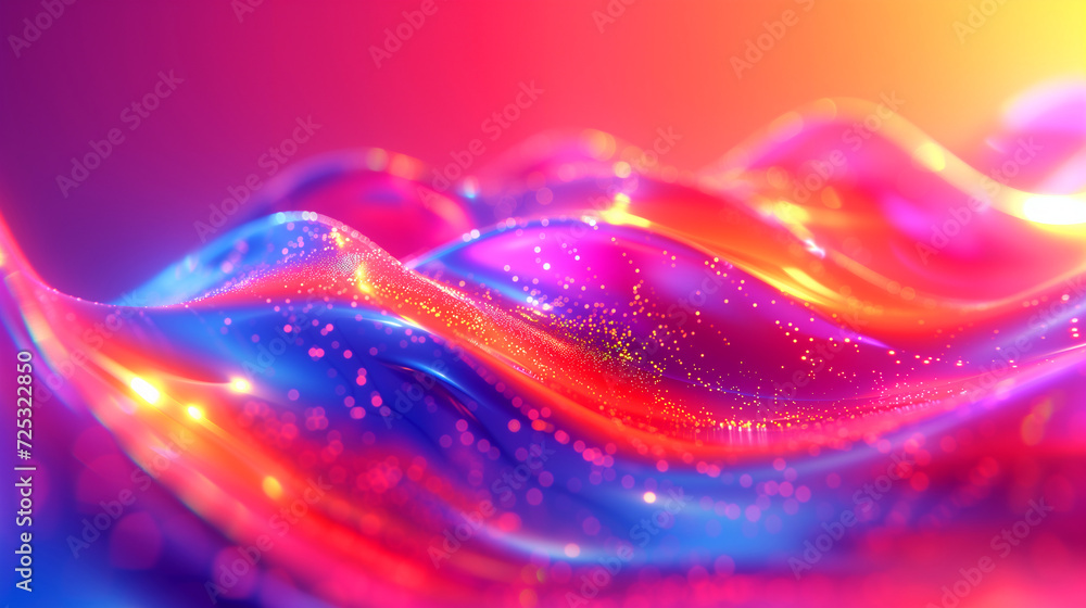 Poster glowing, colorful wave pattern with a neon-like appearance and sparkling particles, creating a futur