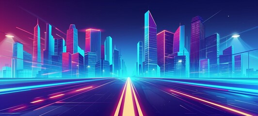 Modern cityscape with neon-lit skyscrapers and a highway flyover depicted in a dynamic illustration, showcasing vibrant light trails and an active urban atmosphere during dusk or nighttime.
