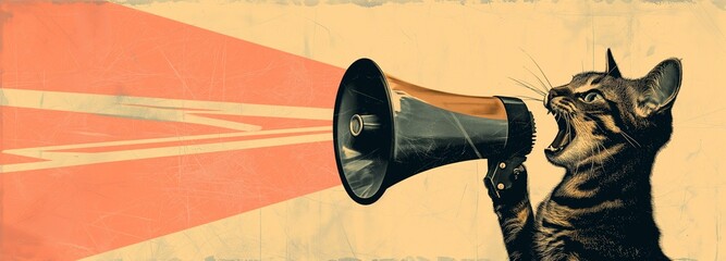 Whimsical illustration of a cat fiercely yelling into a megaphone, rendered in bold vintage propaganda style with vibrant orange-red tones against a textured background.