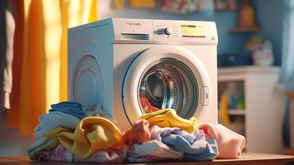 Modern washing machine with dry cleaning and clothes in the house laundry room. Created with Generative AI - obrazy, fototapety, plakaty