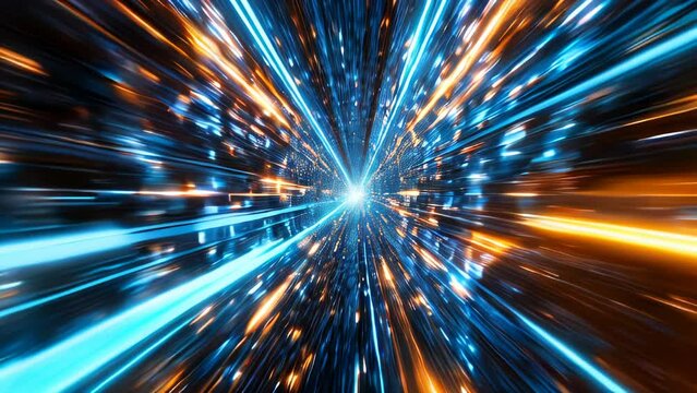 A data stream where blue and orange lights converge with a sense of speed, representing the high-speed transmission of energy and information.
