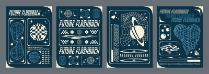 Y2k aesthetic poster design template with abstract grid acid liquid shape and sticker. Cover or banner layout in trendy retro futuristic cyberpunk style with wireframe ornament, heart, planet figure. © klyaksun