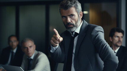 Fototapeta premium Man manager wearing a suit get angry in office meeting room pointing out to coworkers and setting up a bad unhealthy ambiance at work