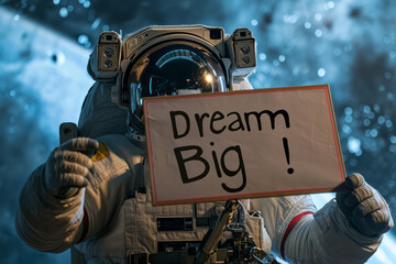 Fototapeta premium Dream big concept image with an astronaut in space holding a board sign with written words Dream Big