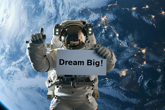 Dream big concept image with an astronaut in space holding a board sign with written words Dream Big