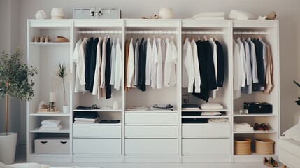 Stylish clothes and accessories on a modern white wardrobe. Luxury variety of clothing and apparel on rack in house room. Generative AI