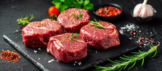 Spiced raw steaks on a black cutting surface.