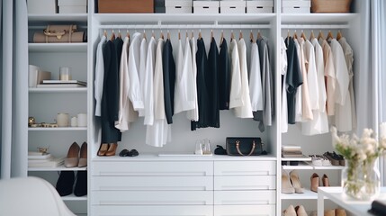 Stylish clothes and accessories on a modern white wardrobe. Luxury variety of clothing and apparel on rack in house room. Generative AI - obrazy, fototapety, plakaty