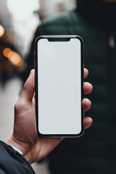 Mockup image of a hand holding a smartphone with a blank white screen in the street