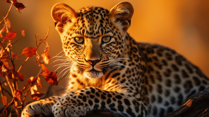 Leopard relaxation on the ground, Evening atmosphere background