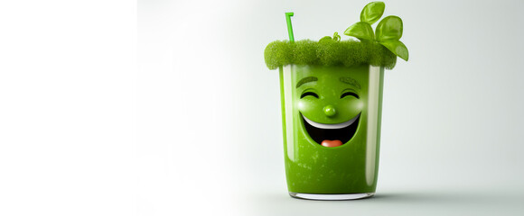 glass of green juice with a cheerful face 3D on a white background.
