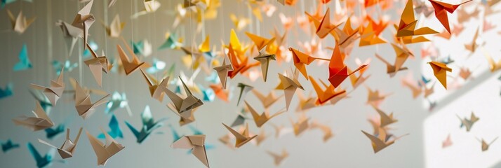Origami Mobile, mobile composed of delicate origami creations, background image, generative AI - obrazy, fototapety, plakaty