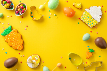 Easter baking magic. Overhead shot of table adorned with playful themed gingerbreads, cookie...