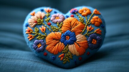 Valentine's day heart in bright colored embroidery style, background image, generative AI