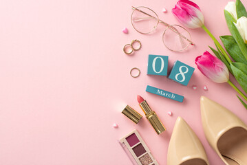 Femme Fatale Chic: Top view ensemble featuring fresh tulips, March 8 calendar cube, lipstick, elegant jewelry, high heels, glasses on soft pink surface. Ideal for celebrating essence of perfect lady